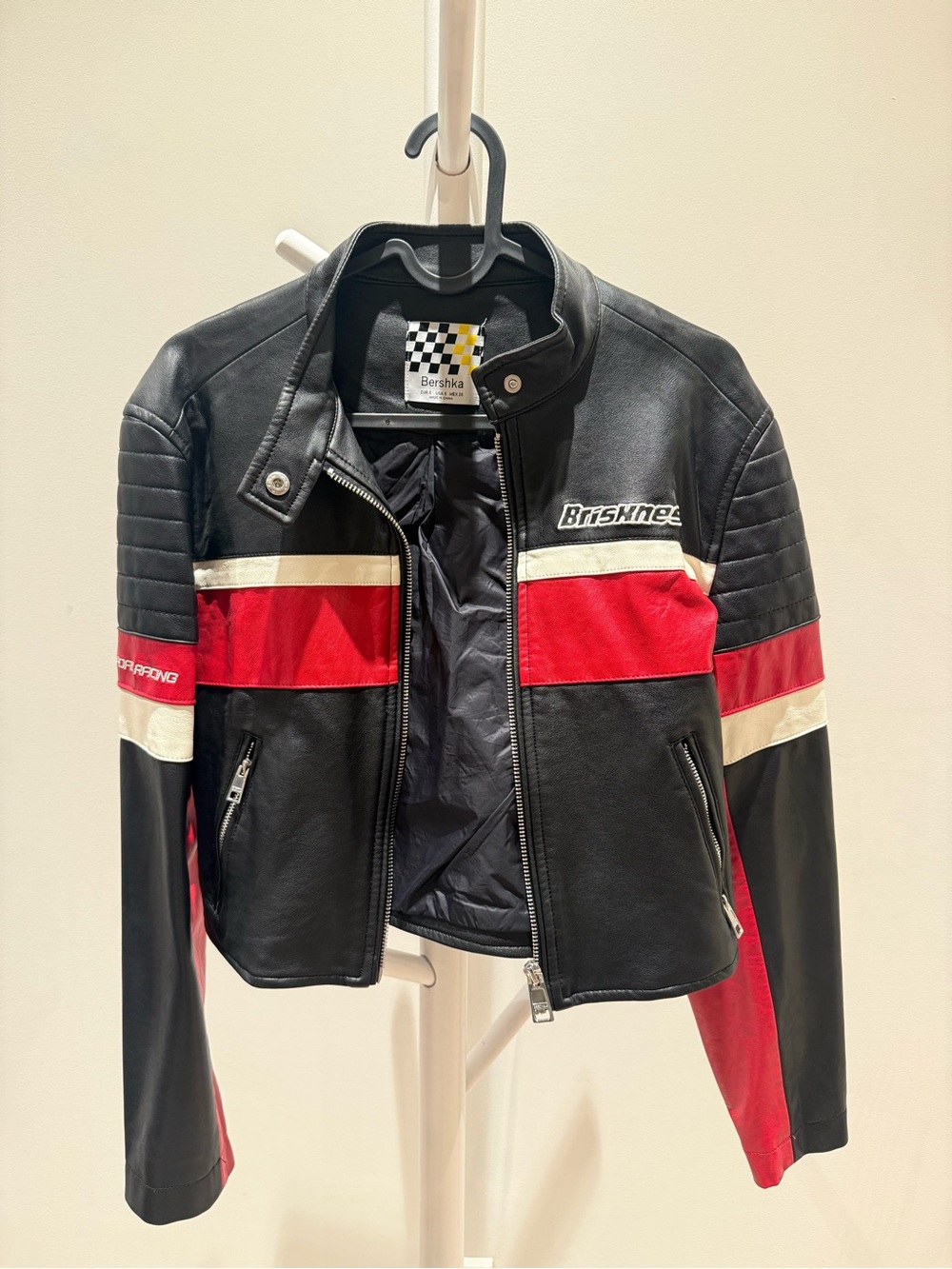 Cropped Faux Leather Racing Jacket